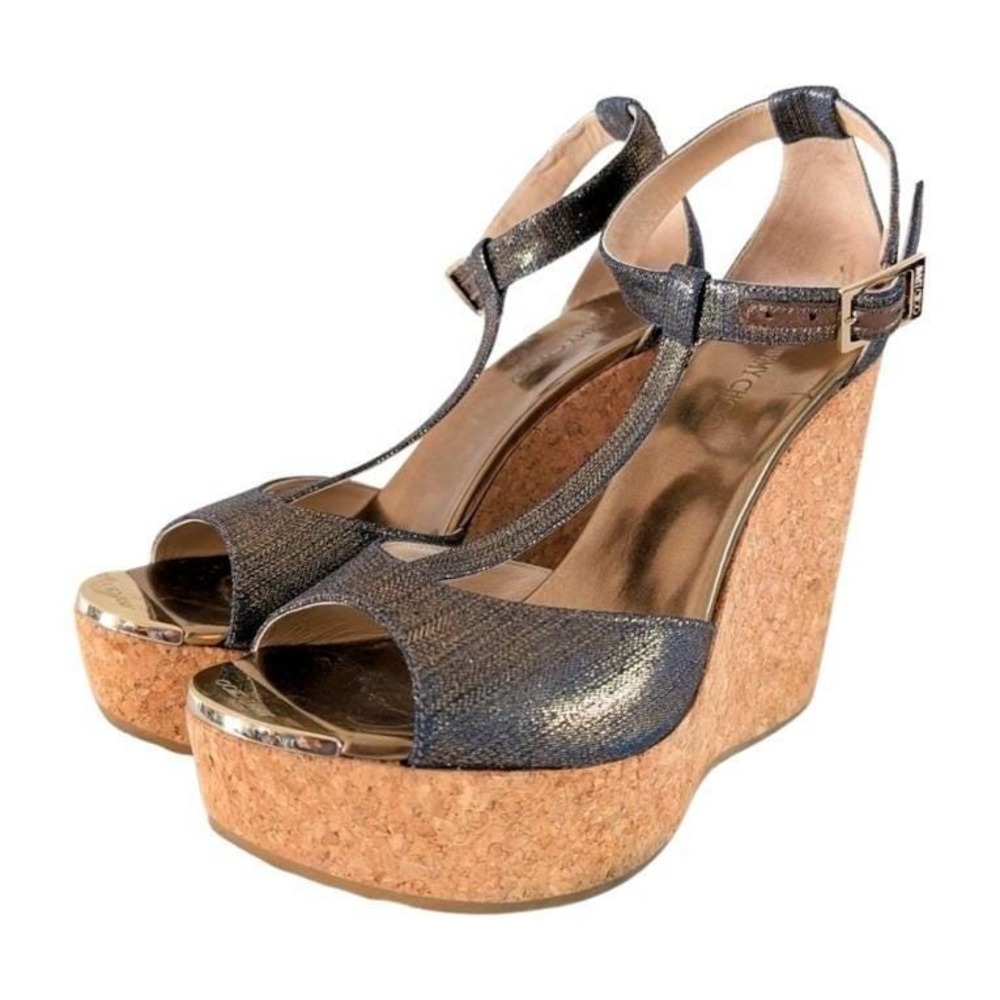 Jimmy Choo Metallic Denim Wedge‎ Sandals Indigo Gold Size 39 - Picture 6 of 9